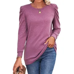 European And American Autumn And Winter New Loose Round Neck Pleated Long Sleeve Solid Color T-shirt Top Women - Purplish Red - View 1