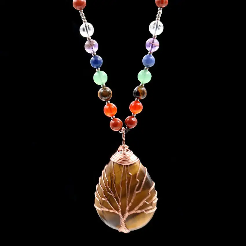 Natural Tigereye Rose Gold Winding Water Drop Tree Of Life Pendant Tiger Eye Round Beads Sweater Chain
