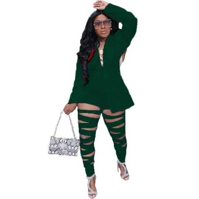 Autumn And Winter European And American Style Burnt Flower Solid Color Casual Suit Ladies Green - Shop at LoveMi