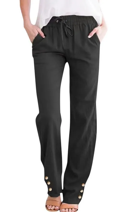 Solid Color Cotton And Linen Loose Drawstring Button Casual Wide leg Trousers Black - Shop at LoveMi