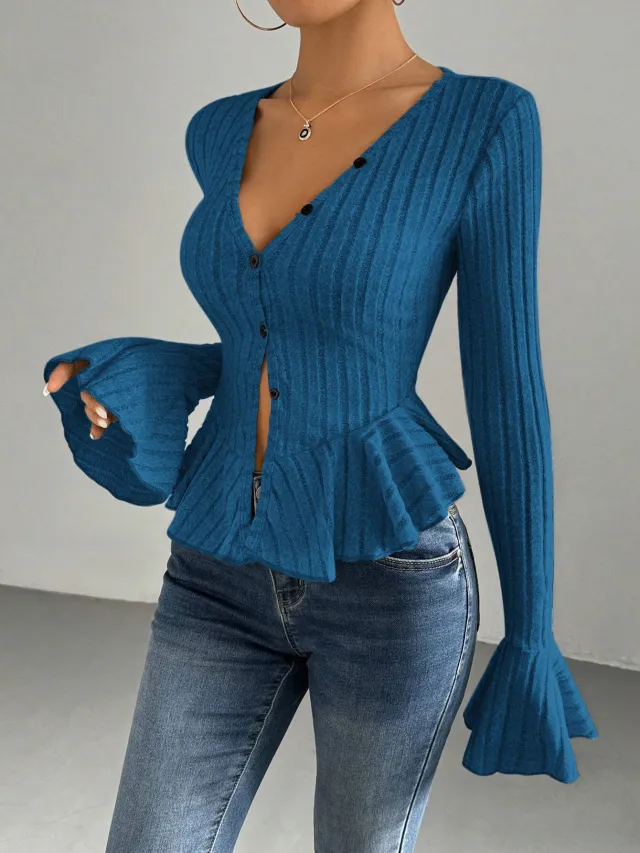 European And American Elegant Style Autumn And Winter New V neck Ruffled Slim Temperament Top Blue - Shop at LoveMi