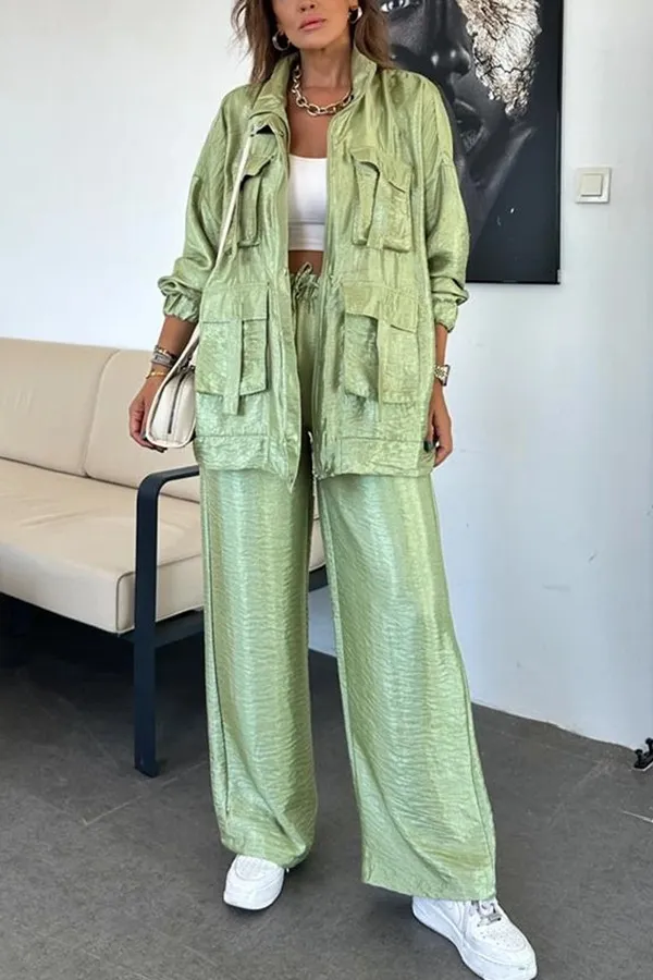 Women's Clothing Straight leg Trousers Two piece Set Solid Color Fashion Yellow Green - Shop at LoveMi