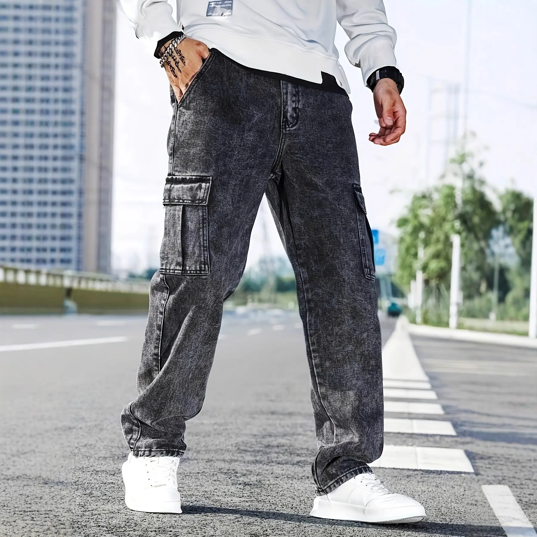 Loose-fit Multi-pocket Fashionable Street-style Men's Workwear Denim