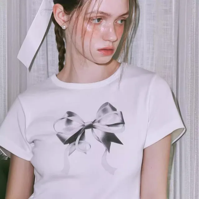 Special interest Design 23 Summer Bow Round Neck Short Sleeve T shirt Girl Black Silver Printing - Shop at LoveMi