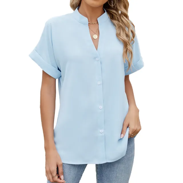 Solid Color And V neck Loose Short Sleeve Button Shirt Chiffon Shirt Sky Blue - Shop at LoveMi