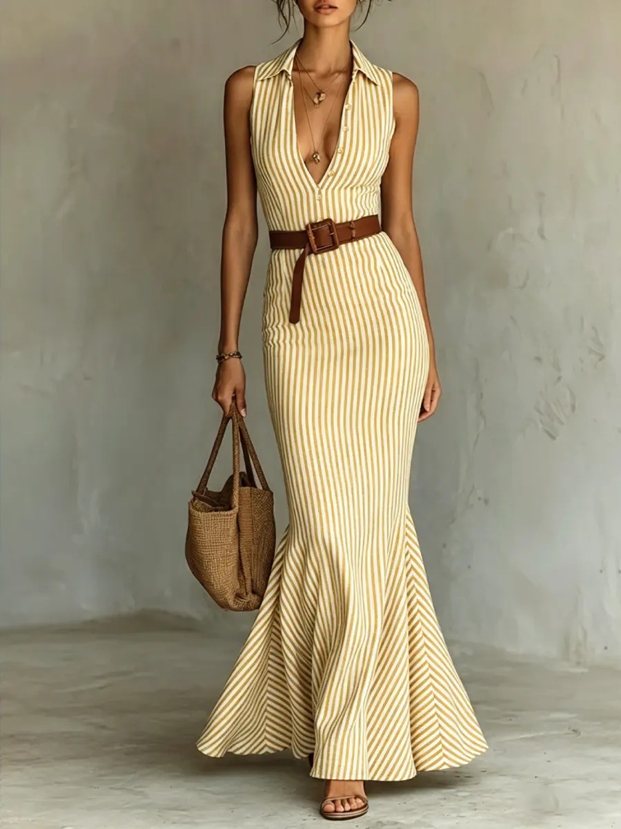 Elegant V-neck Dress With A Belt For Women