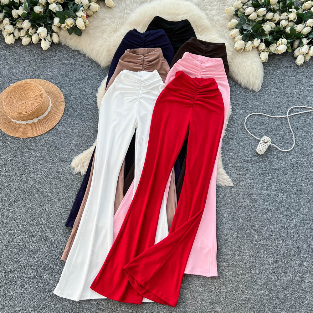 Womens Solid-Color High-Waisted Pleated Casual Straight-Leg Pants