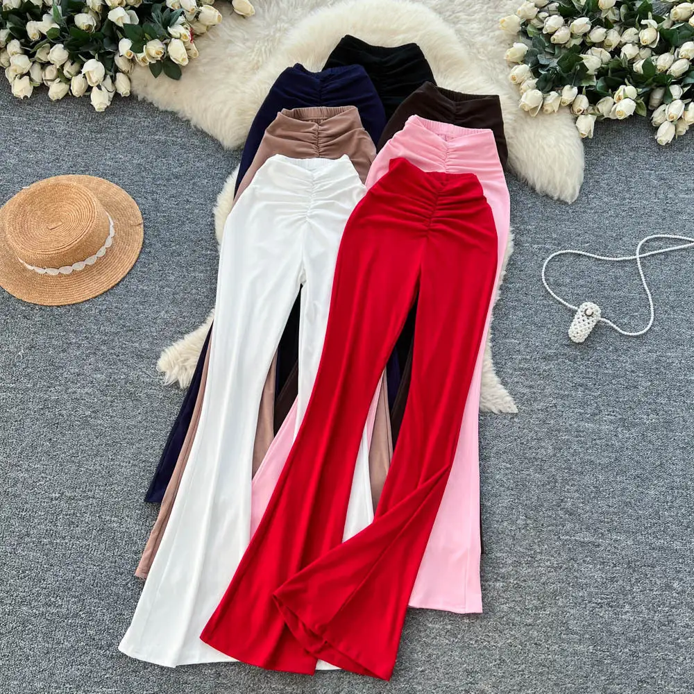 Womens Solid-Color High-Waisted Pleated Casual Straight-Leg Pants