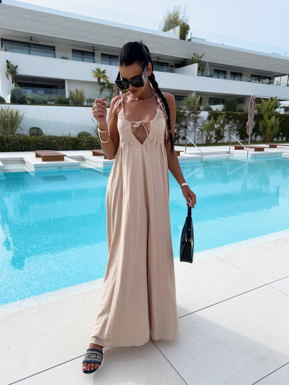 solid color jacquard deep v sling dress front view