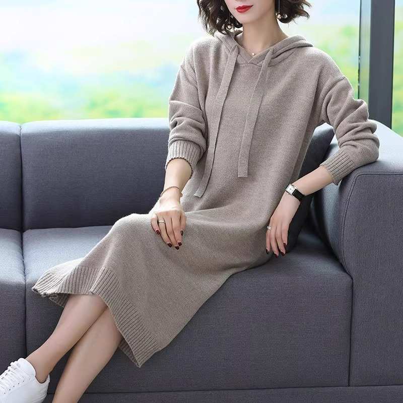 Hooded Women's Mid length Loose Inner Wear Knitted Sweater Dress Camel - Shop at LoveMi