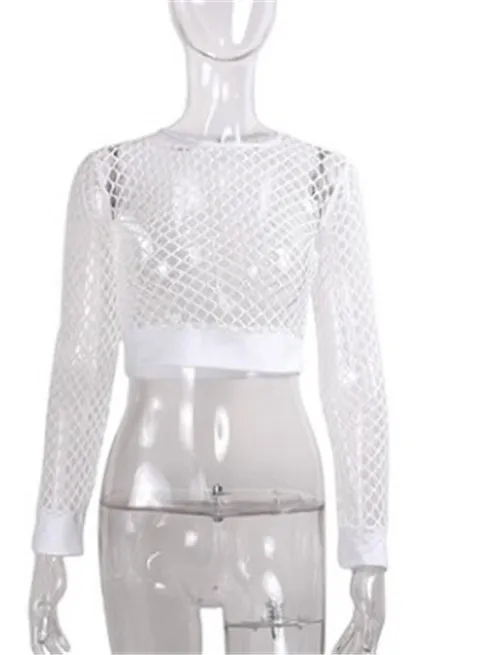 Fit High Waist Hollow out See through Fishnet Navel T shirt Wear Women White - Shop at LoveMi