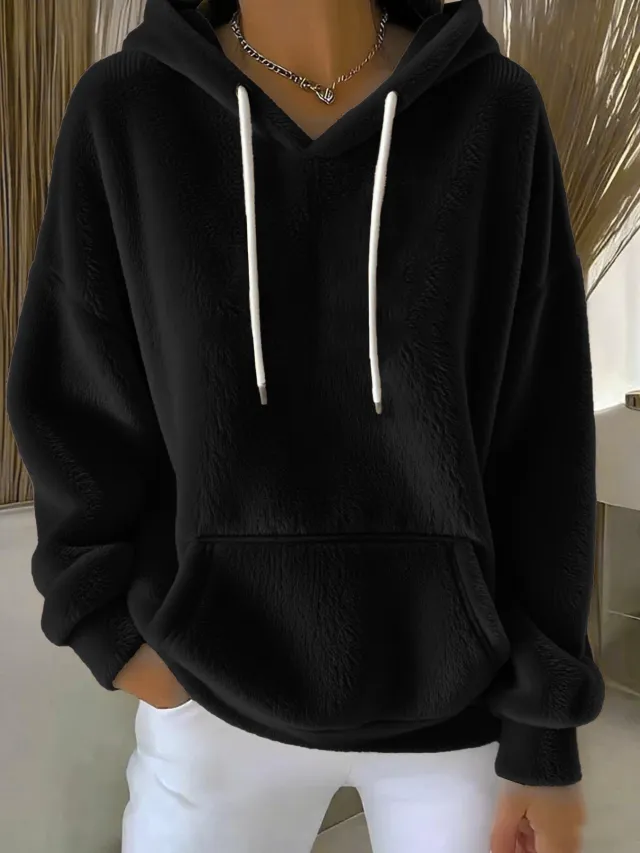 Women's Solid Color Lamb Fleece Lined Versatile Sweatshirt For Autumn And Winter Black - Shop at LoveMi