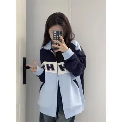 American Retro Contrast Color Sweatshirt Women's Spring And Autumn Fleece Thick Loose - Blue, Fleece Lining Thickening - View 1