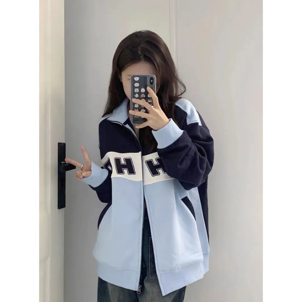 American Retro Contrast Color Sweatshirt Women's Spring And Autumn Fleece Thick Loose - Blue, Thin