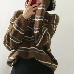 Women's Round Collar Sweater Women's Striped Sweater Loose And Idle - Brown - View 1