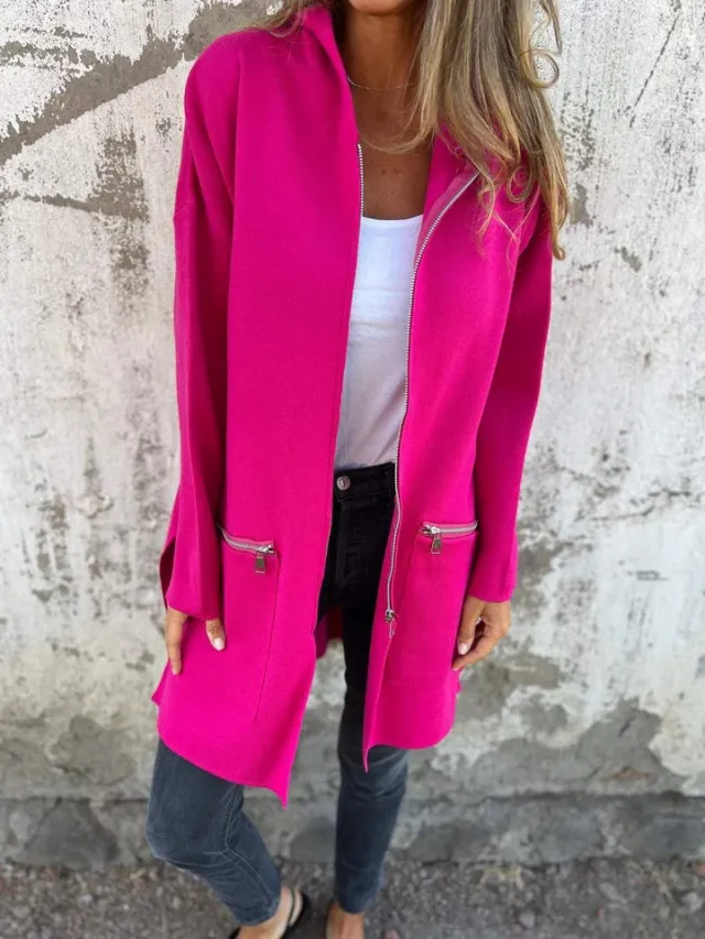 Autumn And Winter Solid Color Casual Zipper Hooded Jacket Coat Rose Red - Shop at LoveMi