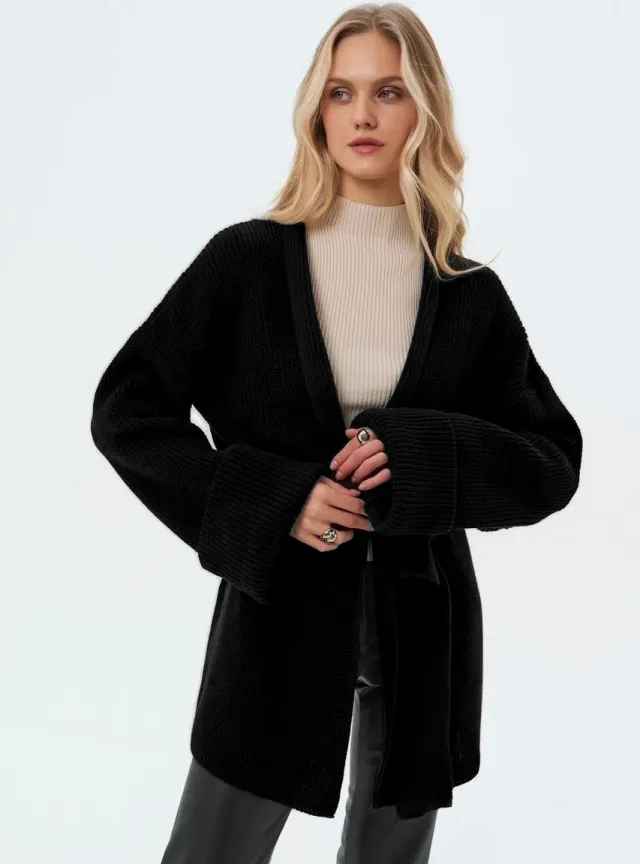 Women's Knitted Sweater Top Coat Lace up Cardigan Black - Shop at LoveMi