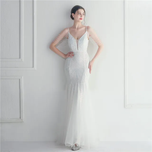 Mesh Beaded Bridal Wedding Dinner Long Camisole Evening Gown White - Shop at LoveMi