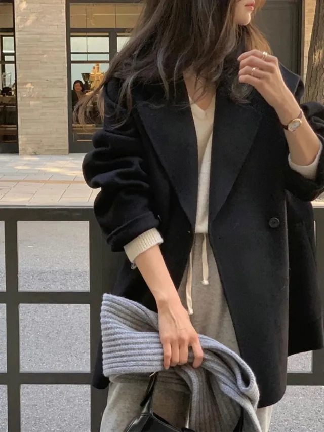 Solid Color Suit Reversible Cashmere Coat Coat Black - Shop at LoveMi