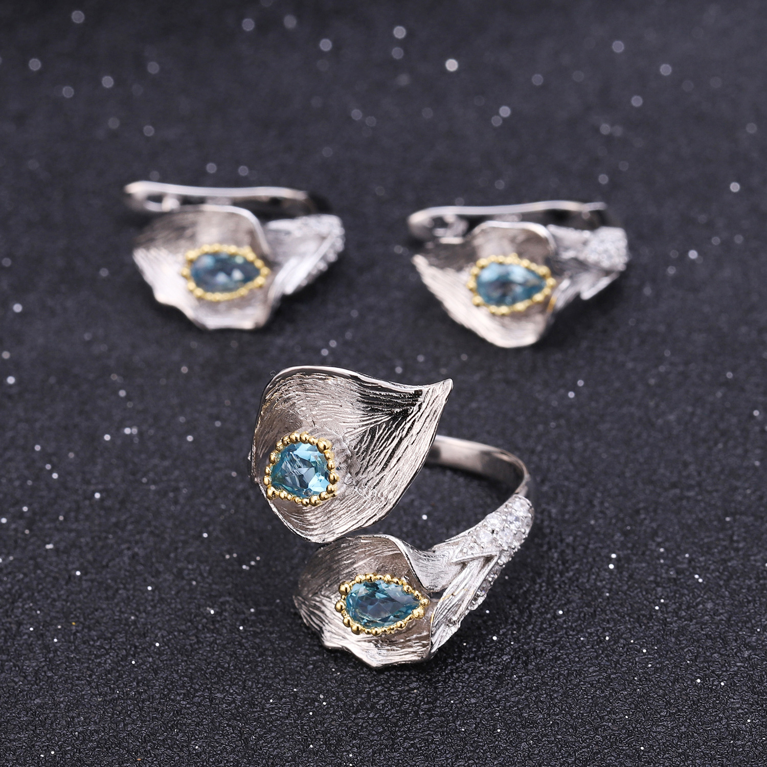 Adjustable Silver Natural Colored Gems Ring