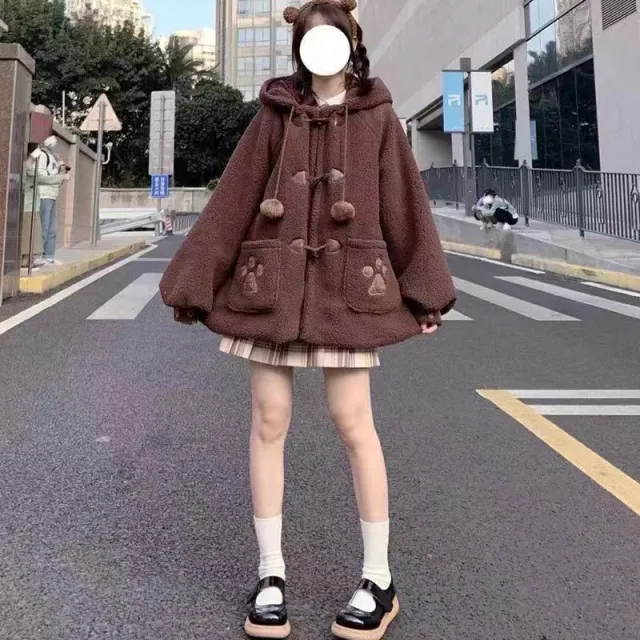 Autumn And Winter Cute Hooded Bear Ears Fleece Shirt Sweater Furry Baggy Coat Student Top Brown - Shop at LoveMi