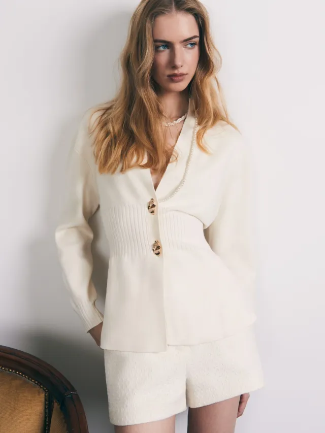 Metal Button Cardigan V neck Long Sleeve Slit Sweater Women White - Shop at LoveMi