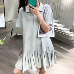 Extra Large Size Polo Collar Short Sleeve Women's Summer Loose Dress - Gray - View 1