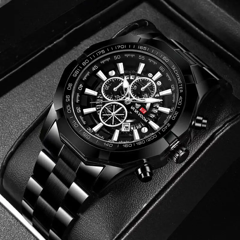 Steel Band Men's Three Eyes And Six Needles Luminous Calendar Waterproof Quartz Watch