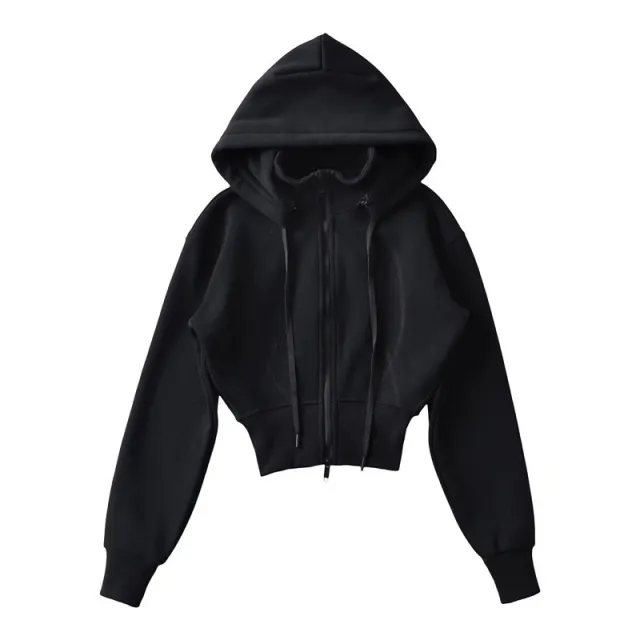 European And American Style Fleece lined Waist Stand Collar Detachable Hooded Zipper Sweatshirt Black - Shop at LoveMi