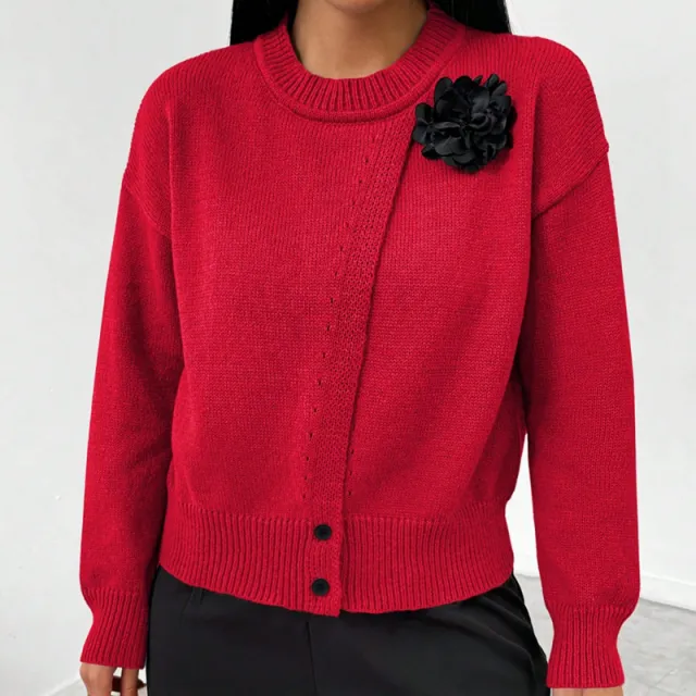 Women's Premium Elegant Solid Color Buttons Black Flower Knitted Pullover Red - Shop at LoveMi