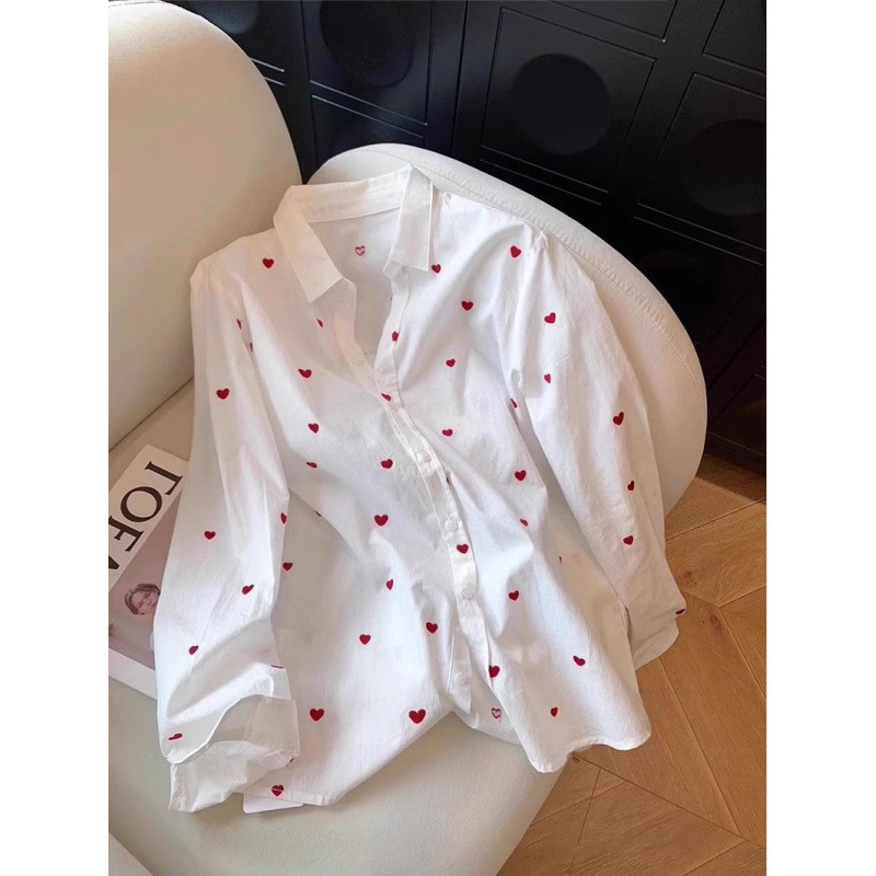 Love Full Print Lapel Long Sleeve Shirt Women