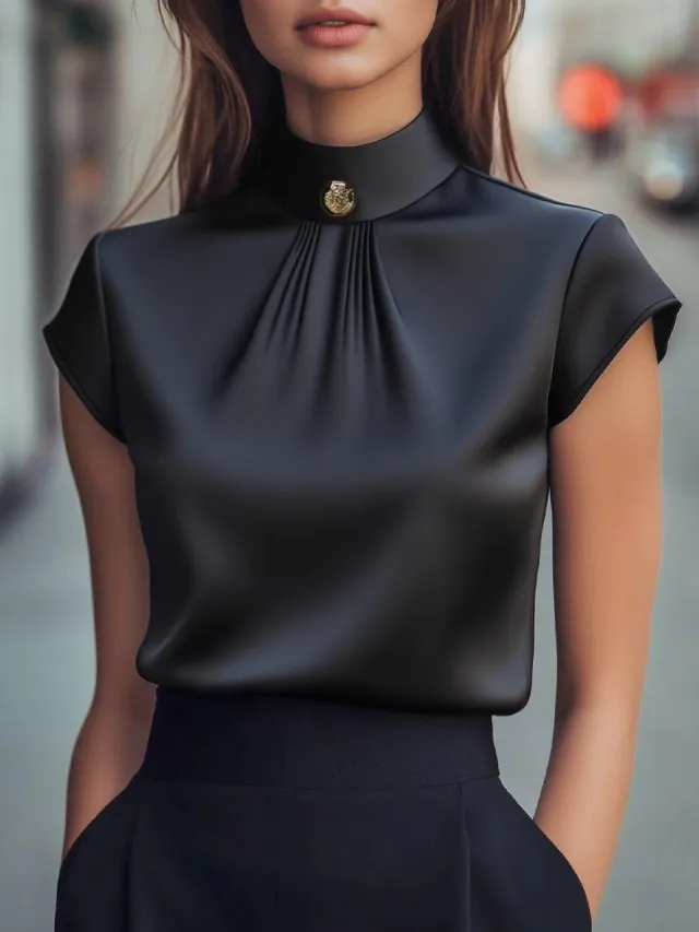 Women's Fashion Casual Korean Style Temperament Crew Neck Solid Color Shirt Black - Shop at LoveMi