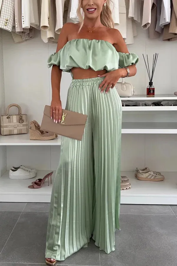 Women's Fashion Satin Tube Top Wide Leg Pants Suit Light Green - Shop at LoveMi