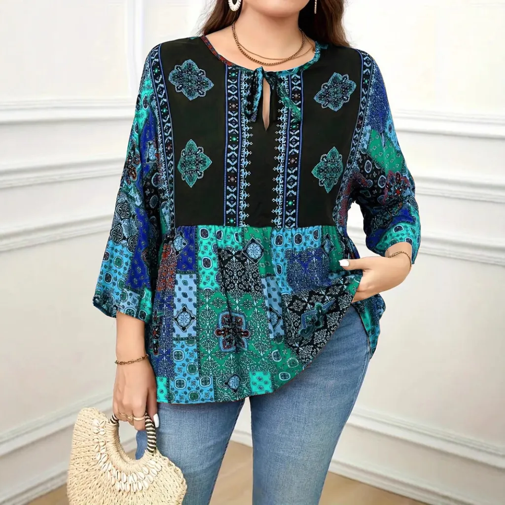 Bohemian-print Sweetheart-neck Top With Three-quarter Sleeves - Green