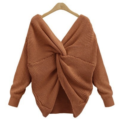 V neck Cross Backless Sweater Sexy Long sleeved Sweater Caramel - Shop at LoveMi