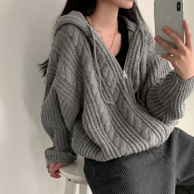 Women's Twist Hooded Long Sleeve Sweater Coat Loose Gray - Shop at LoveMi