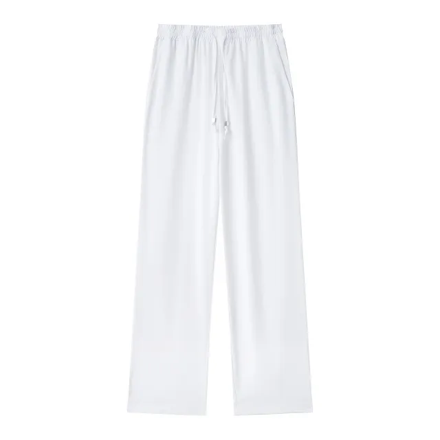 New Fashion Elastic Waist Pure Color Tied Comfort And Casual Straight leg Pants White - Shop at LoveMi