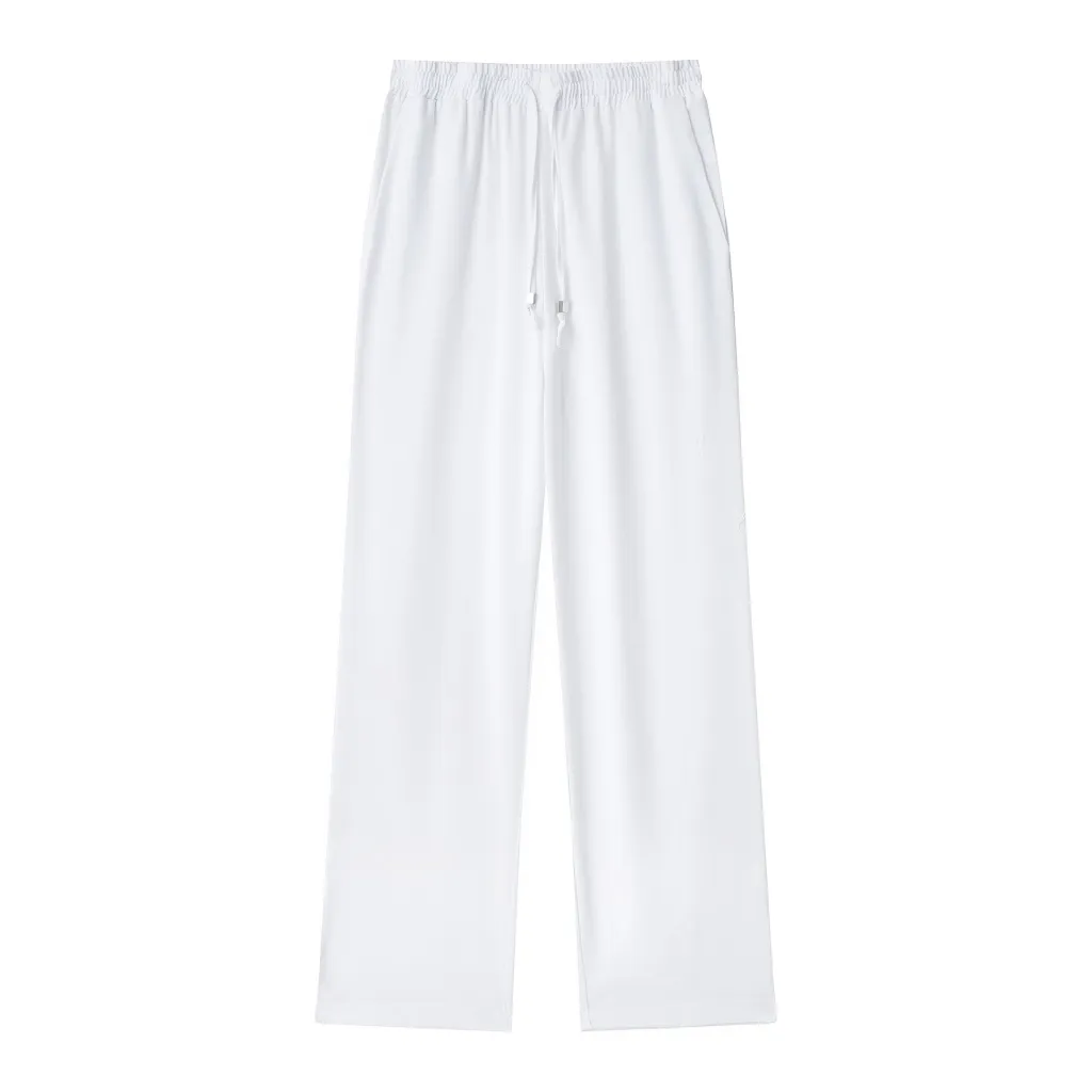 New Fashion Elastic Waist Pure Color Tied Comfort And Casual Straight-leg Pants - White