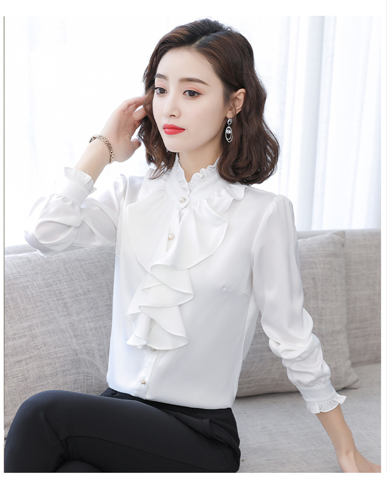Women's New Style Long-Sleeve Shirt With Stand Collar And Ruffle Trim Top