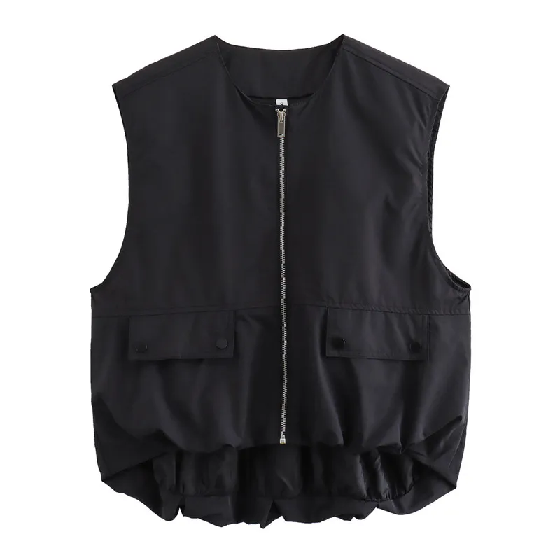 Pleated Hem Sleeveless Loose Vest - Black