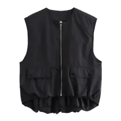Pleated Hem Sleeveless Loose Vest - Black - View 1