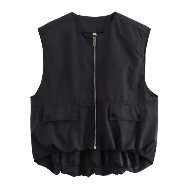 Pleated Hem Sleeveless Loose Vest Black - Shop at LoveMi
