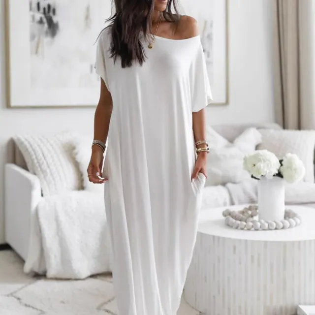 Women's Solid Color Short Sleeve And Long Pattern Casual Dress White - Shop at LoveMi