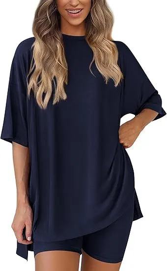 New Loose Fashion Solid Color Casual Two piece Suit Dark Blue - Shop at LoveMi