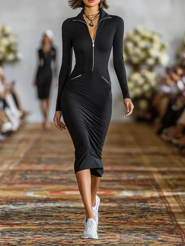 Zip up Polo Neck FallWinter Slim Fit Casual Long Sleeve Dress Black - Shop at LoveMi