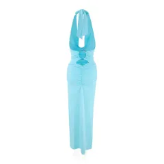 Vneck Halter Strap Low Rise Backless Cutout Pleated Dress - Blue - View 1