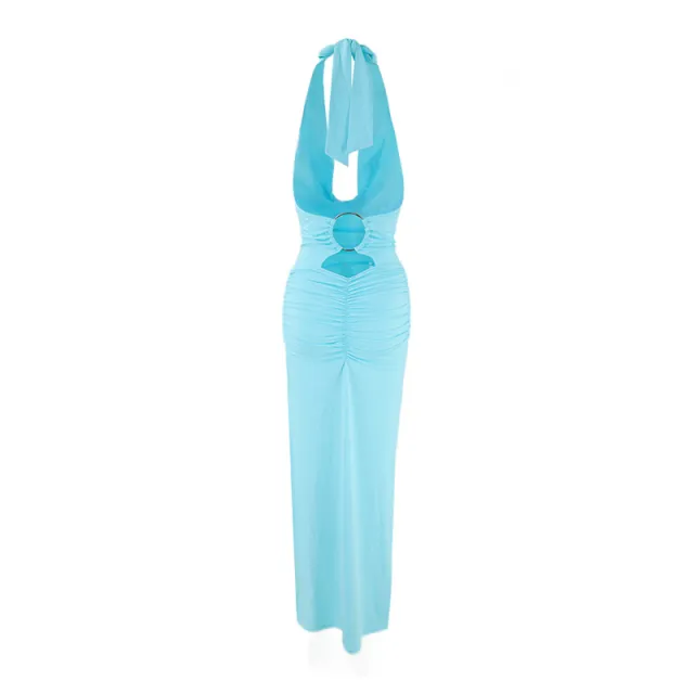 Vneck Halter Strap Low Rise Backless Cutout Pleated Dress Blue - Shop at LoveMi