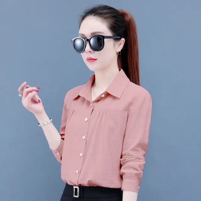 Casual Middle aged Mom Long Sleeve Shirt Light Pink Long - Shop at LoveMi