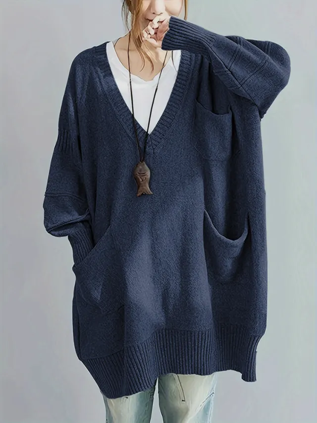 Loose fitting V neck Long Sleeves Outerwear Sweater Navy Blue - Shop at LoveMi