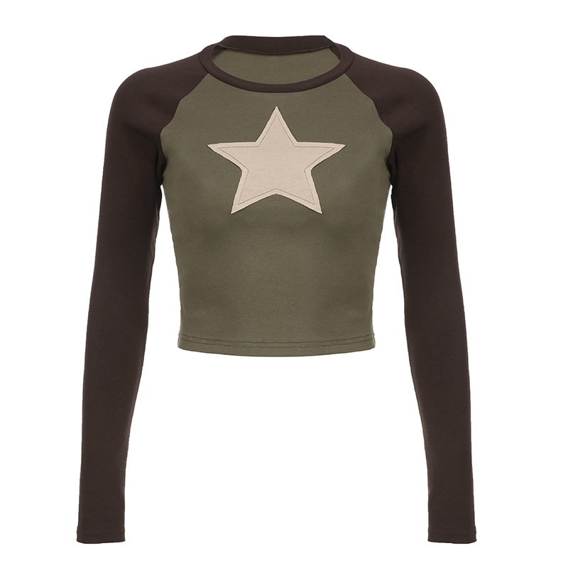 Contrast Color Five pointed Star Affixed Cloth Embroidered Raglan Sleeve T shirt Army Green - Shop at LoveMi
